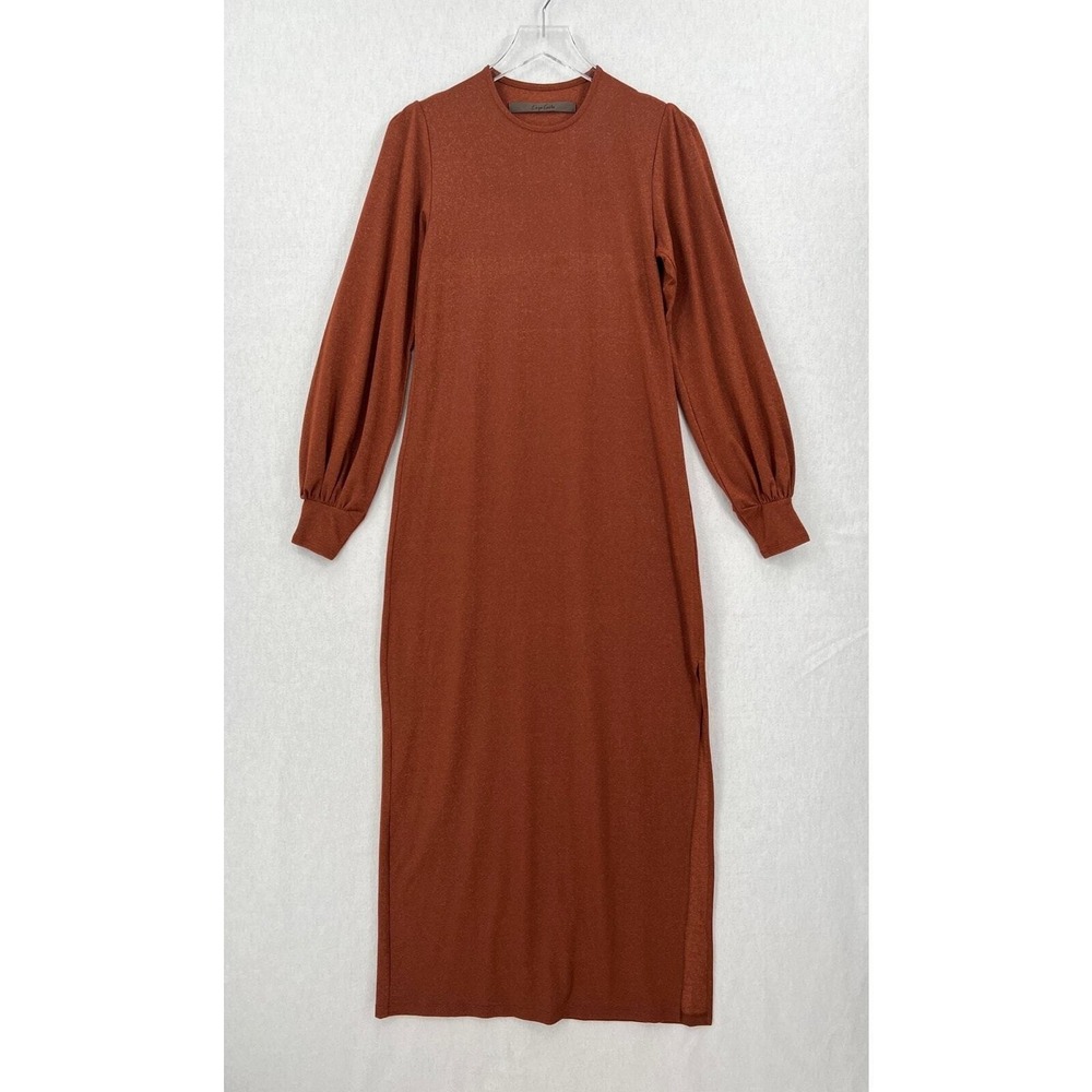 ENZA COSTA Lurex Jersey Split Maxi Dress Small Copper Sparkle Long Sleeve Retro - Picture 4 of 16